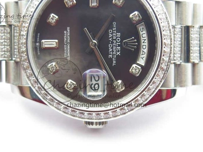 MiroTime 0309 SmoothTexture Day-Date 36mm 128239 SS Crystal BP Best Edition Black MOP Crystal Marker Dial on SS President Bracelet A 2681